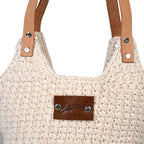 Livmore handgefertigte Makramee-Schultertasche mit PU Leder Tragegriff, 35 x 35 cm, Weiß