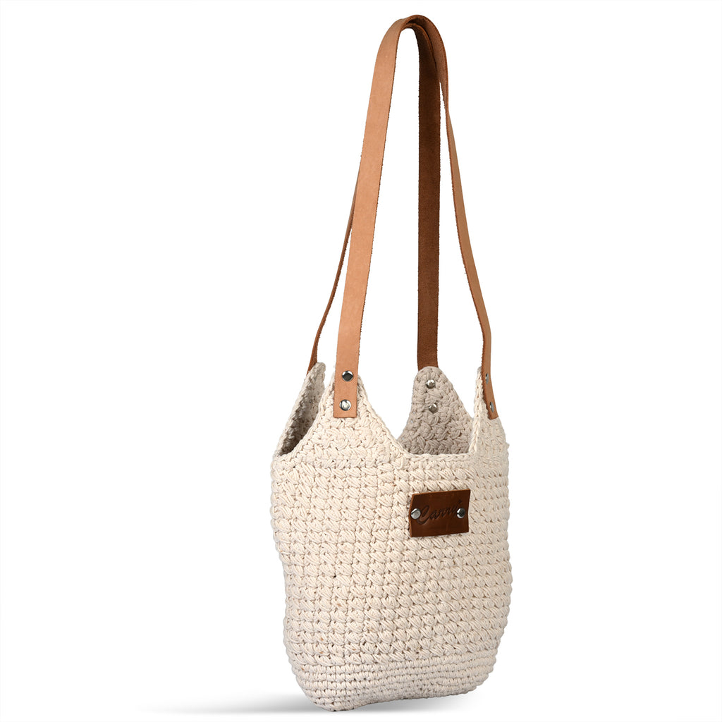 Livmore handgefertigte Makramee-Schultertasche mit PU Leder Tragegriff, 35 x 35 cm, Weiß