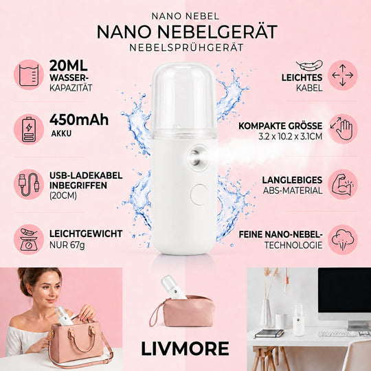LIVMORE - Mini-Nano-Feuchtigkeitsspray-, wiederaufladbar, 20 ml, Weiß