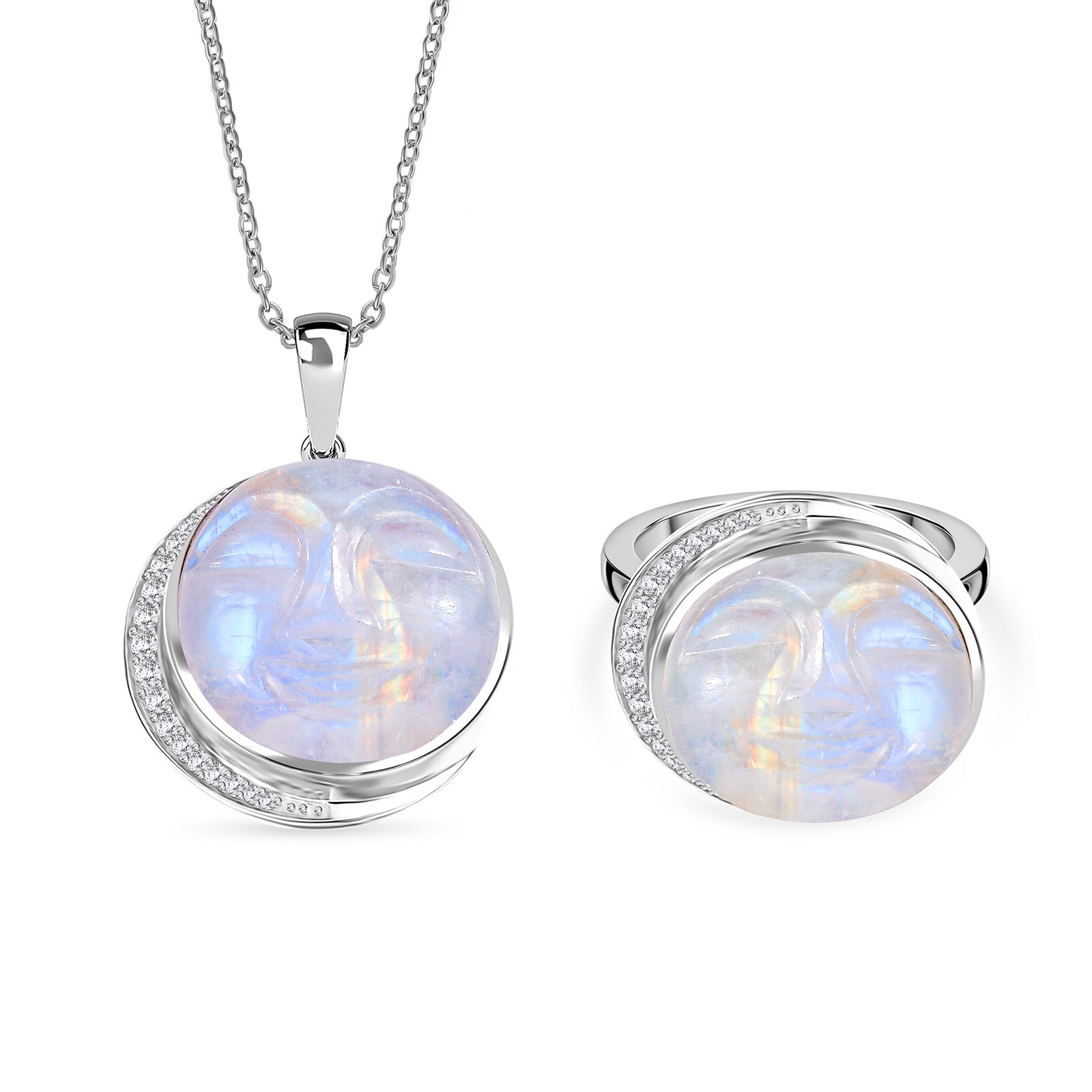 D'Joy AAA Regenbogen Mondstein und Zirkon Ring und Anhänger mit 50cm Kette
