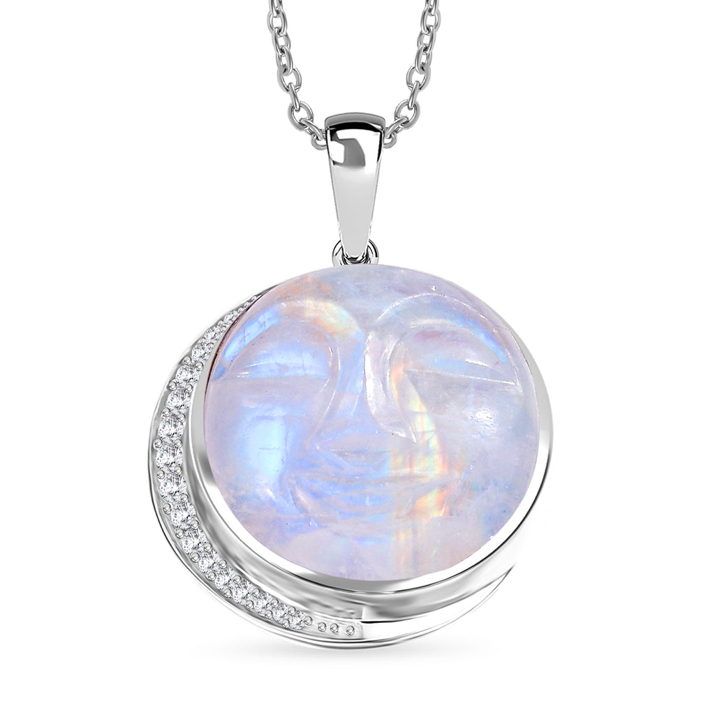 D'Joy AAA Regenbogen Mondstein und Zirkon Ring und Anhänger mit 50cm Kette