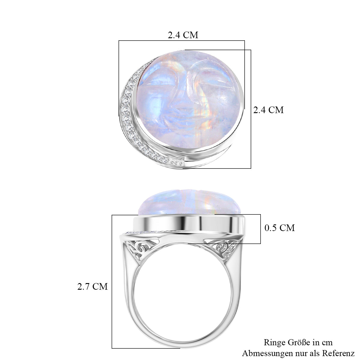 D'Joy AAA Regenbogen Mondstein und Zirkon Ring und Anhänger mit 50cm Kette