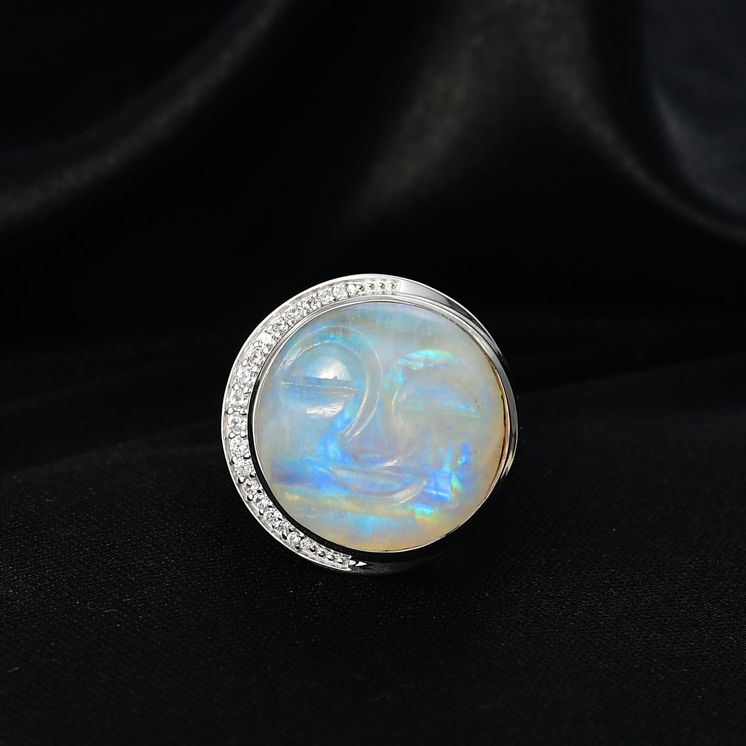 D'Joy AAA Regenbogen Mondstein und Zirkon Ring und Anhänger mit 50cm Kette