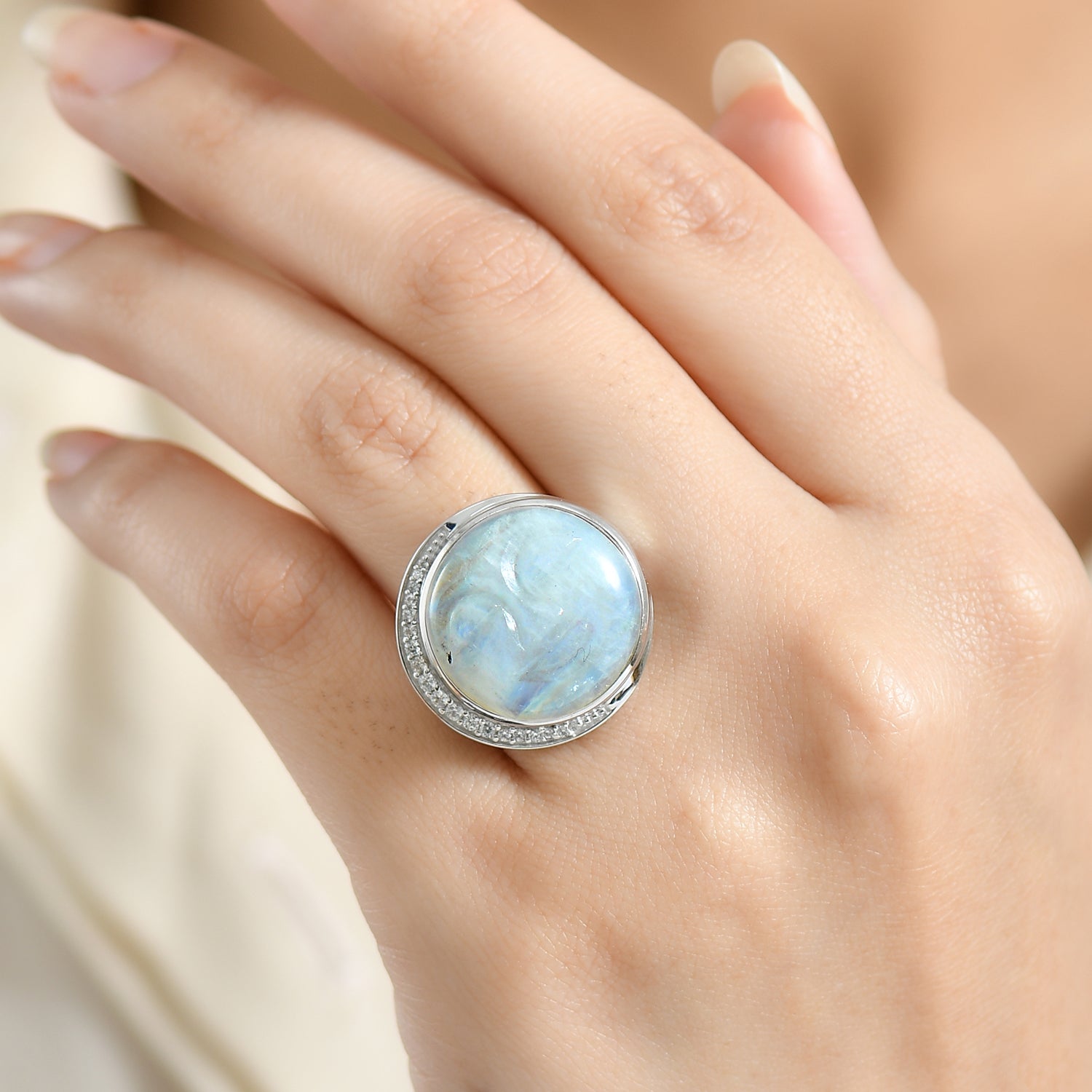 D'Joy AAA Regenbogen Mondstein und Zirkon Ring und Anhänger mit 50cm Kette