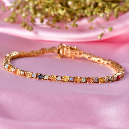 D'Joy Mehrfarbig Saphir, Natürlicher, äthiopischer Welo Opal Armband ca. 20 cm 925 Silber 750 Gelbgold vermeil ca. 8,68 ct.