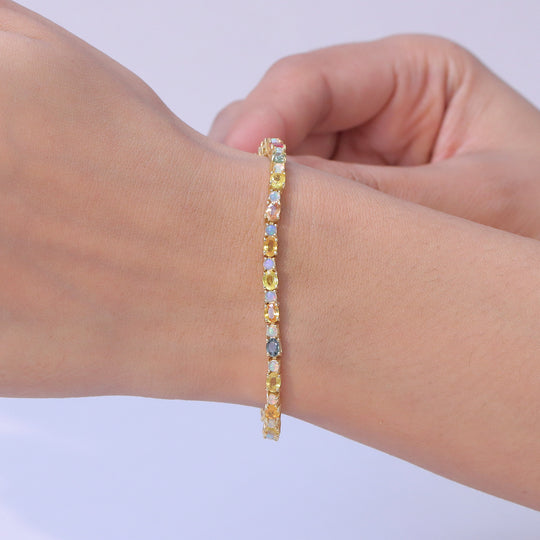 D'Joy Mehrfarbig Saphir, Natürlicher, äthiopischer Welo Opal Armband ca. 20 cm 925 Silber 750 Gelbgold vermeil ca. 8,68 ct.