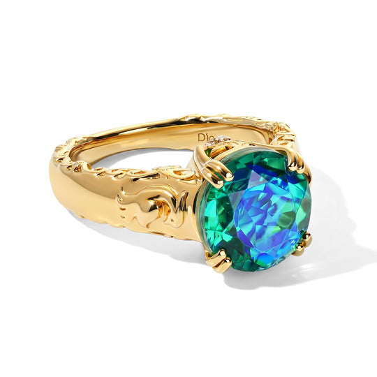 D'Joy Pfau Quarz Triplette, Weißer Diamant Ring 925 Silber 750 Gelbgold vermeil (Größe 18.00) ca. 4,35 ct