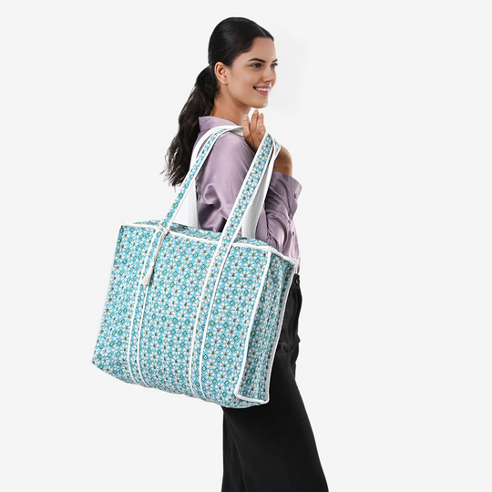 LIVMORE Stepp-Shopper mit Reißverschluss und langen Henkeln, 45 x 43 x 15 cm, Blau