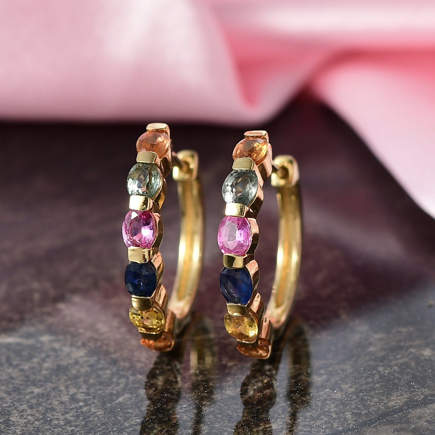 D'Joy Mehrfarbig Saphir, Blauer Saphir Ohrringe 925 Silber 750 Gelbgold vermeil ca. 2,77 ct.