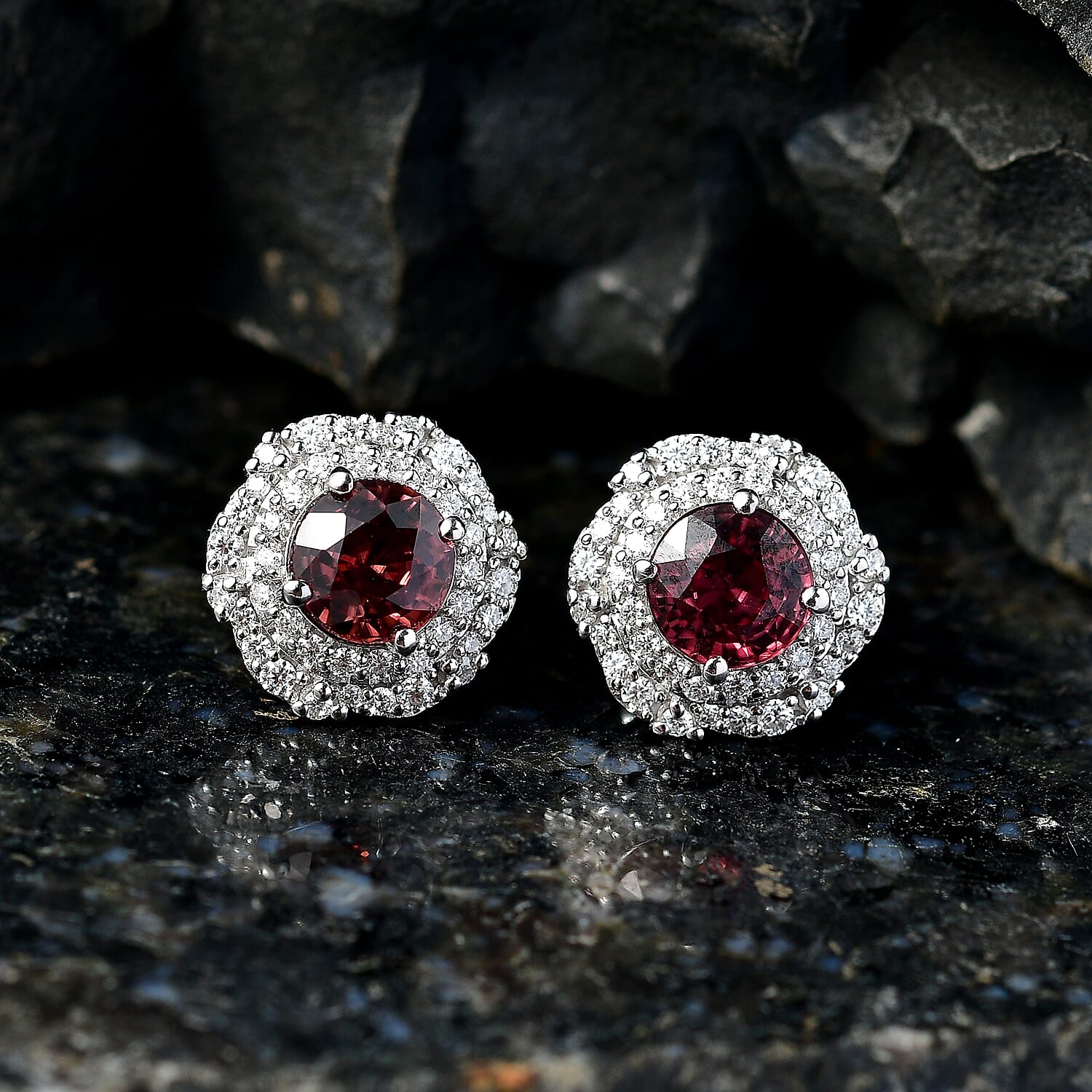 D'Joy AA Himbeer Zirkon, Moissanit AGI zertifiziert Ohrringe 925 Silber Rhodiniert ca. 3,26 ct.