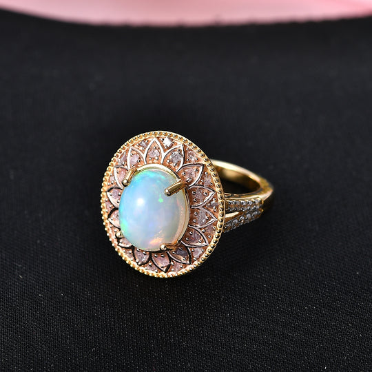 D'Joy AAA Natürlicher, äthiopischer Welo Opal, Natürlicher Rosa Diamant Ring 925 Silber 750 Gelbgold vermeil (Größe 18.00) ca. 3.12 ct