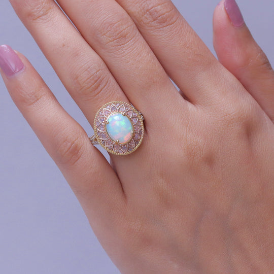 D'Joy AAA Natürlicher, äthiopischer Welo Opal, Natürlicher Rosa Diamant Ring 925 Silber 750 Gelbgold vermeil (Größe 18.00) ca. 3.12 ct