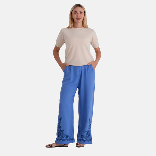LA MAREY Leinenhose mit Stickerei, 70% Leinen und 30% Baumwolle, EU 38/40, Größe M, Dunkelblau