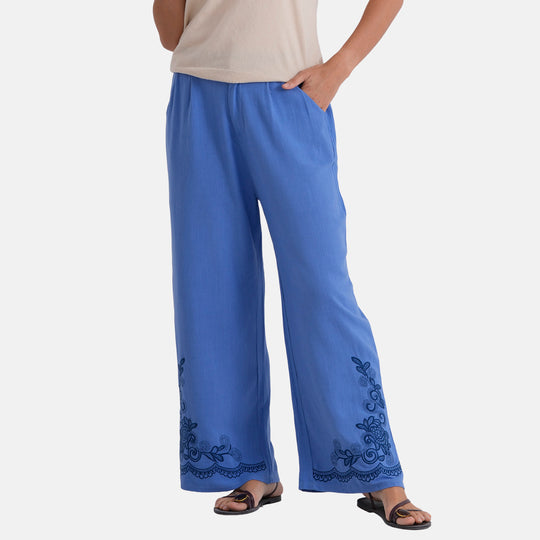 LA MAREY Leinenhose mit Stickerei, 70% Leinen und 30% Baumwolle, EU 38/40, Größe M, Dunkelblau