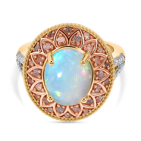 D'Joy AAA Natürlicher, äthiopischer Welo Opal, Natürlicher Rosa Diamant Ring 925 Silber 750 Gelbgold vermeil (Größe 18.00) ca. 3.12 ct