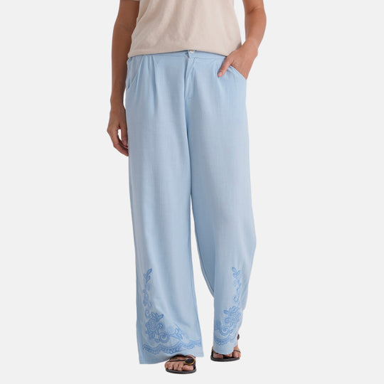 LA MAREY Leinenhose mit Stickerei, 70% Leinen und 30% Baumwolle, EU 40/42, Größe L, Hellblau