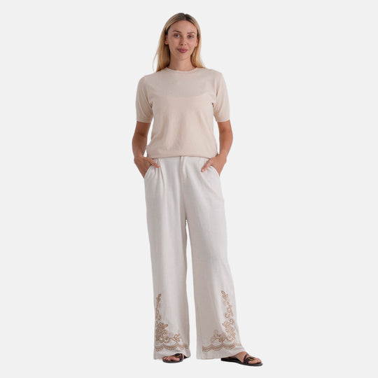 LA MAREY Leinenhose mit Stickerei, 70% Leinen und 30% Baumwolle, EU 38/40, Größe M, Beige