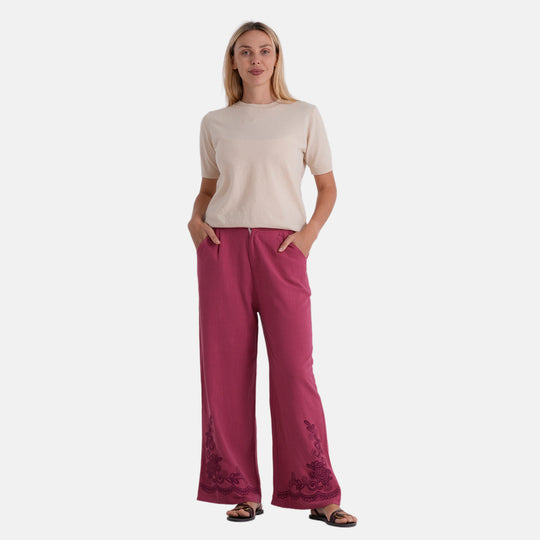 LA MAREY Leinenhose mit Stickerei, 70% Leinen und 30% Baumwolle, EU 40/42, Größe L, Burgunderrot