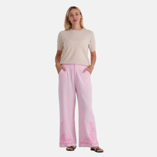 LA MAREY Leinenhose mit Stickerei, 70% Leinen und 30% Baumwolle, EU 40/42, Größe L, Hellrosa