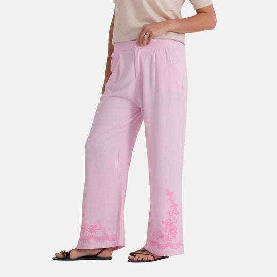 LA MAREY Leinenhose mit Stickerei, 70% Leinen und 30% Baumwolle, EU 40/42, Größe L, Hellrosa