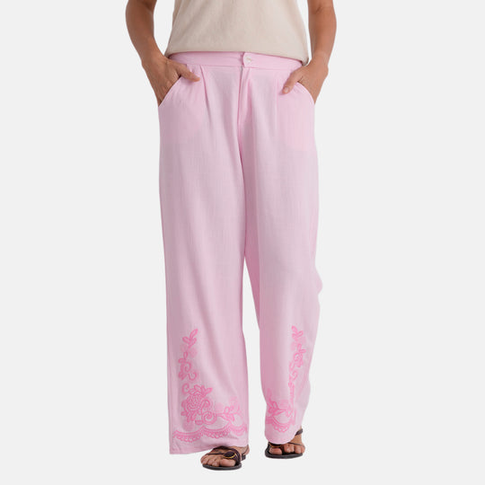 LA MAREY Leinenhose mit Stickerei, 70% Leinen und 30% Baumwolle, EU 40/42, Größe L, Hellrosa