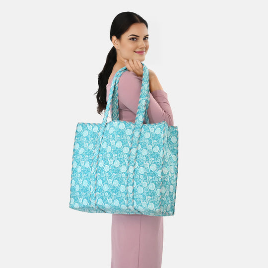 LIVMORE gesteppte Stoff-Shopper-Tasche mit Reißverschluss, botanisches Design, 45x43x15cm, Weiß-Grün