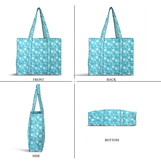 LIVMORE gesteppte Stoff-Shopper-Tasche mit Reißverschluss, botanisches Design, 45x43x15cm, Weiß-Grün