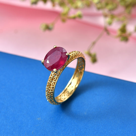 D'Joy AA Afrikanischer Rubin (Fissure gefüllt) Ring 925 Silber 750 Vergoldet (Größe 17.00) ca. 2,71 ct