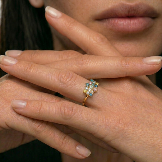 LUXURIANT DIAMOND - Lab Grown Blauer Diamant SI, Lab Grown Rosa Diamant Ring 925 Silber 750 Gelbgold vermeil (Größe 19.00) ca. 0,50 ct