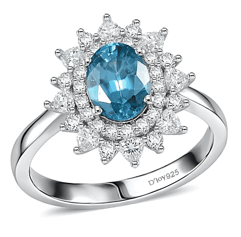 D'Joy AA Blauer Zirkon, Moissanit Ring 925 Silber Rhodiniert (Größe 19.00) ca. 2,47 ct