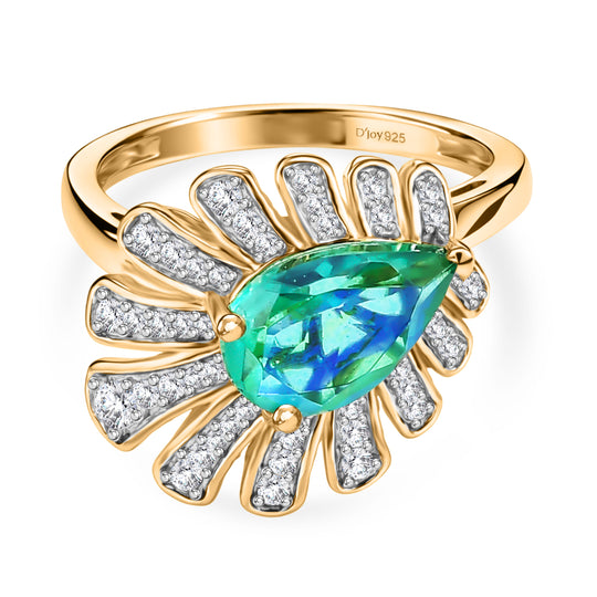 D'Joy Pfau Quarz Triplette, Weißer Zirkon Ring 925 Silber 750 Gelbgold vermeil (Größe 17.00) ca. 2,50 ct