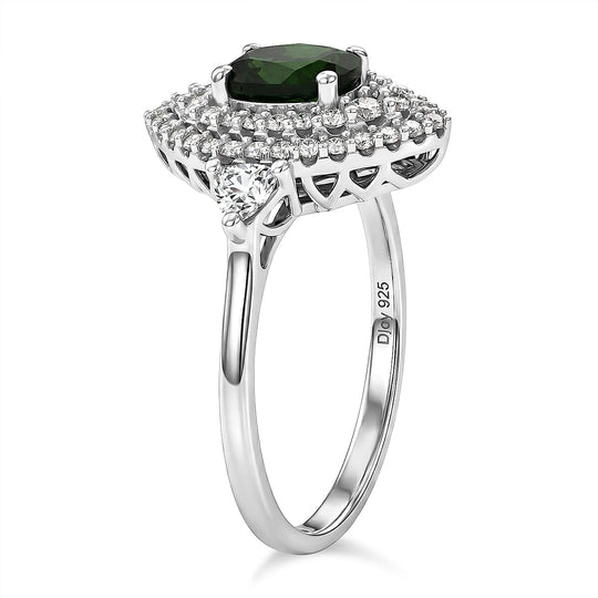 D'Joy AA Natürlicher Chromdiopsid, Moissanit AGI zertifiziert Ring 925 Silber Rhodiniert (Größe 18.00) ca. 2,20 ct
