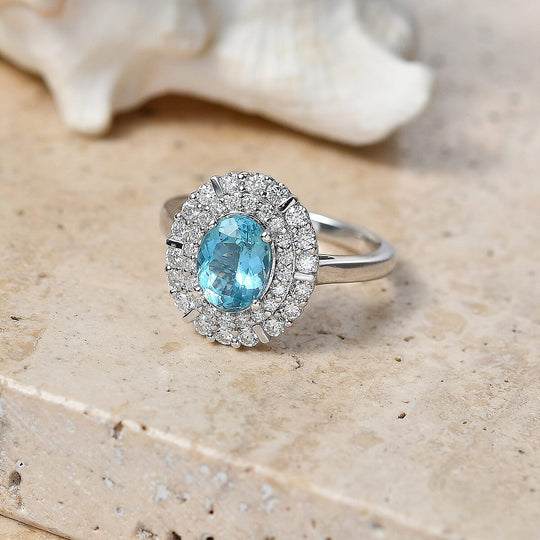 D'Joy AA Paraiba-Apatit, Moissanit AGI zertifiziert Ring 925 Silber Rhodiniert (Größe 18.00) ca. 2,17 ct