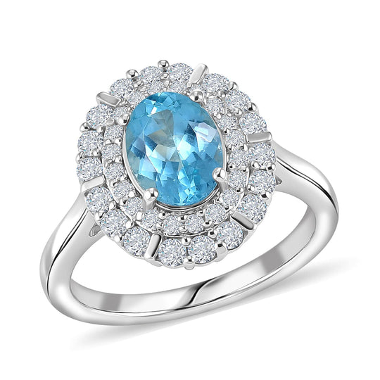 D'Joy AA Paraiba-Apatit, Moissanit AGI zertifiziert Ring 925 Silber Rhodiniert (Größe 18.00) ca. 2,17 ct