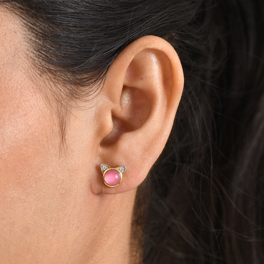 D'Joy Flamingo Mondstein, Weißer Zirkon Ohrringe 925 Silber 750 Vergoldet ca. 1,97 ct.