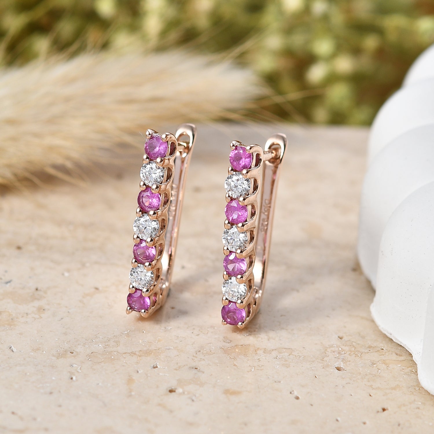 D'Joy Rosa Saphir und Moissanit Ohrringe, 925 Silber 750 Roségold Vermeil - 0,89 ct.