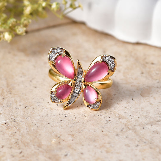 D'Joy Flamingo Mondstein Ring 925 Silber 750 Gelbgold vermeil (Größe 19.00) ca. 3,08 ct