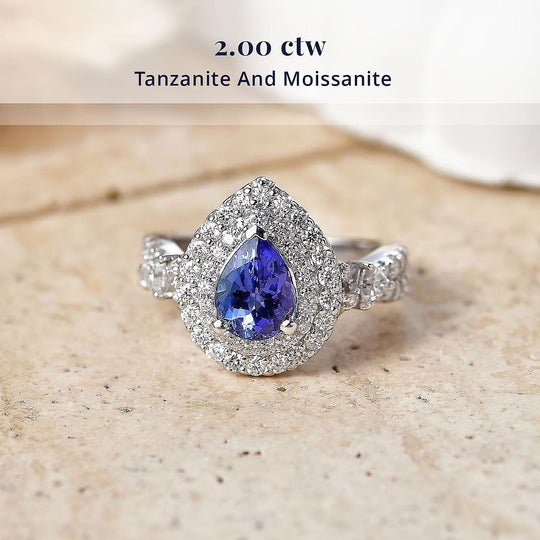 D'Joy AA Tansanit, Moissanit AGI zertifiziert Ring 925 Silber Rhodiniert (Größe 20.00) ca. 1,79 ct