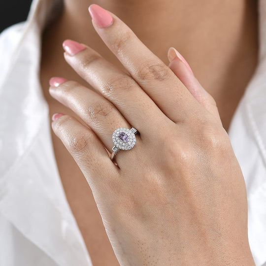 D'Joy AA Lila Spinell, Moissanit AGI zertifiziert Ring 925 Silber Rhodiniert (Größe 18.00) ca. 1,10 ct
