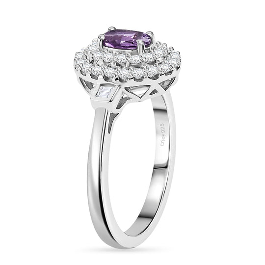 D'Joy AA Lila Spinell, Moissanit AGI zertifiziert Ring 925 Silber Rhodiniert (Größe 18.00) ca. 1,10 ct