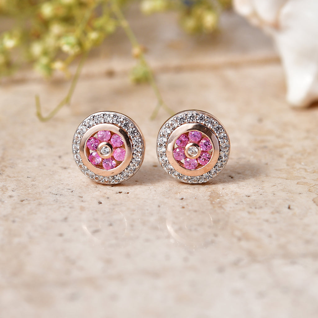D'Joy Rosa Saphir, Weißer Zirkon Ohrringe 925 Silber 750 Roségold vermeil ca. 0,79 ct.