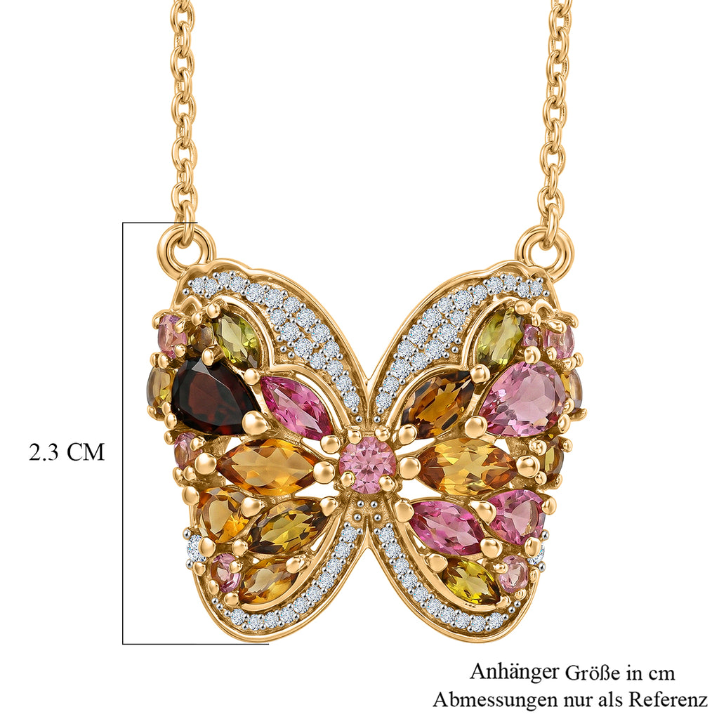 D'Joy AA Multi-Turmalin und Moissanit 45cm Schmetterlingshalskette, 925 Silber 750 Gelbgold Vermeil - 3,34 ct.