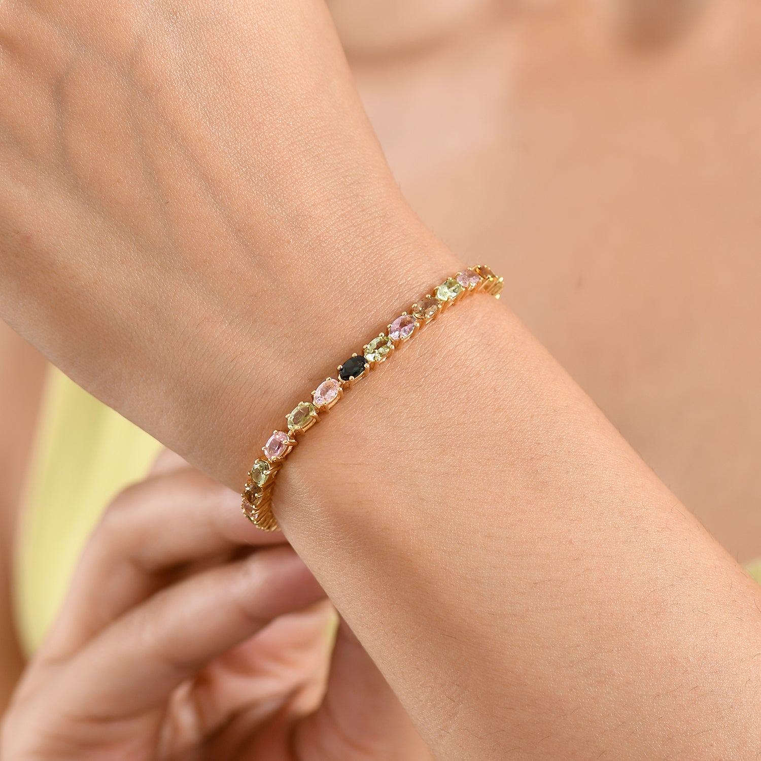 D'Joy AA Mehrfarbiges-Turmalin Armband ca. 20 cm 925 Silber 750 Gelbgold vermeil ca. 8.72 ct