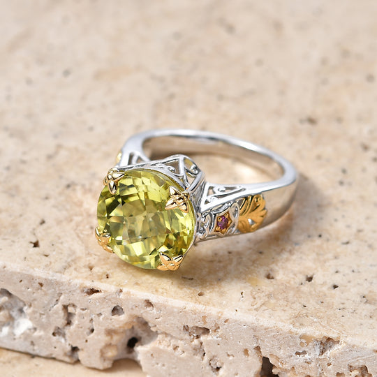 D'Joy AAA Ouro Verde-Quarz, Natürlicher Rhodolith Granat Ring 925 Silber Rhodiniert und 750 Gelbgold Vermeil (Größe 19.00) ca. 6,28 ct