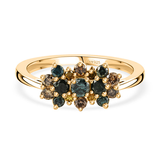 D'Joy Blauer Diamant, Grüner Diamant Ring 925 Silber 750 Gelbgold vermeil (Größe 21.00) ca. 0.51 ct