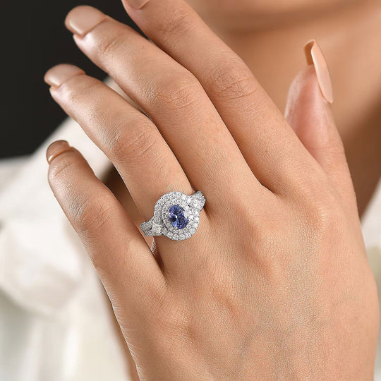 D'Joy AA Tansanit, Moissanit AGI zertifiziert Ring 925 Silber Rhodiniert (Größe 18.00) ca. 2,50 ct