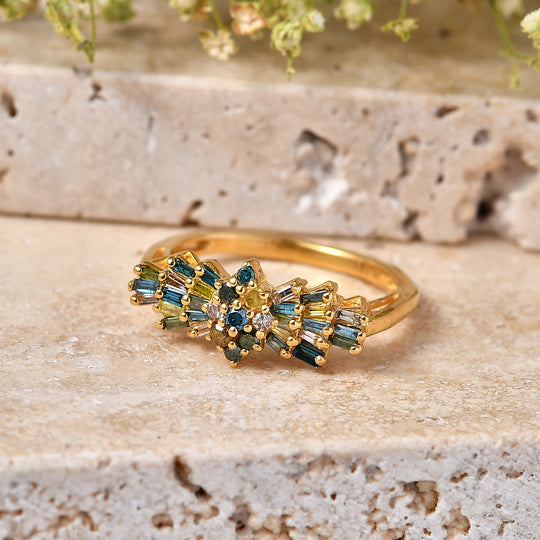 D'Joy Blauer Diamant, Grüner Diamant Ring 925 Silber 750 Gelbgold vermeil (Größe 21.00) ca. 0.39 ct