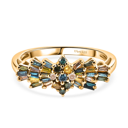 D'Joy Blauer Diamant, Grüner Diamant Ring 925 Silber 750 Gelbgold vermeil (Größe 21.00) ca. 0.39 ct