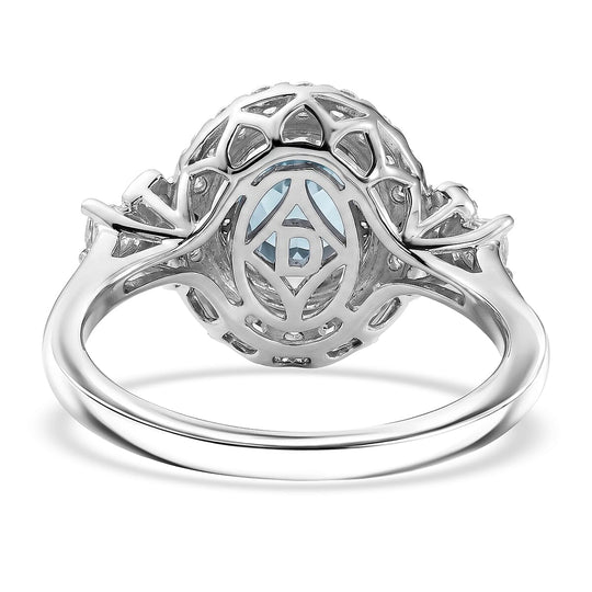 D'Joy AGI zertifizierter und geprüfter AA Santamaria Aquamarin und Moissanit Ring, 925 Silber rhodiniert - 1,62 ct.