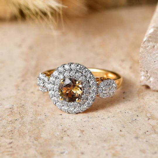 D'Joy AA Gelber Tansanit, Moissanit AGI zertifiziert Ring 925 Silber 750 Gelbgold vermeil (Größe 19.00) ca. 2,34 ct